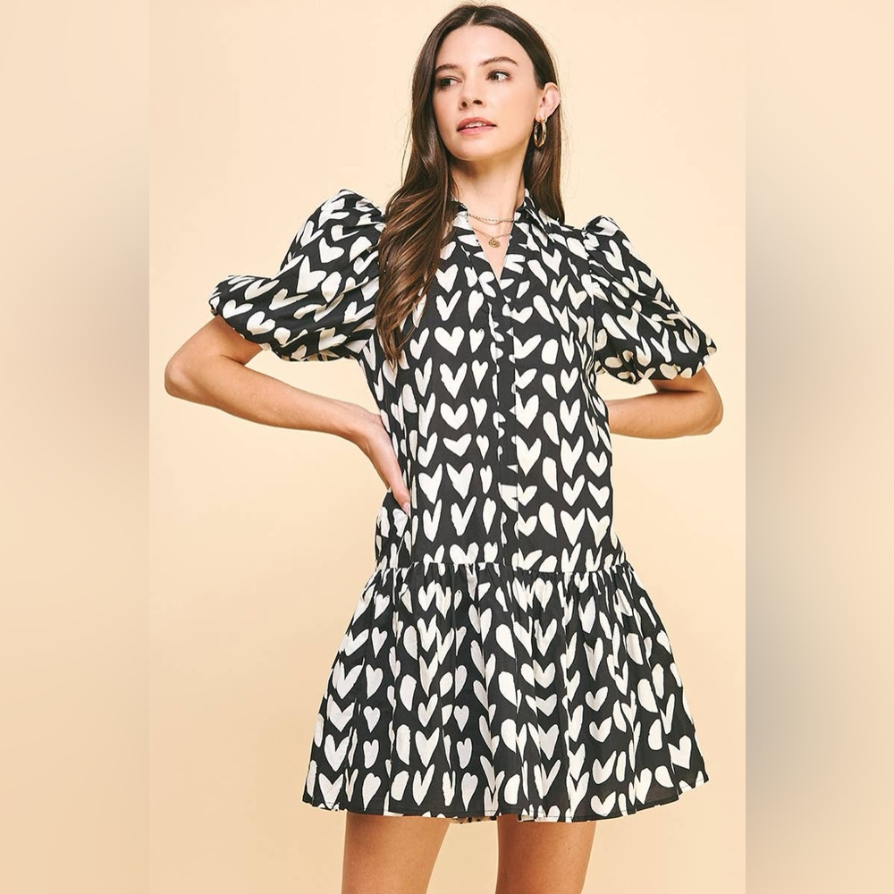 Heart Patterned Black and White Dress